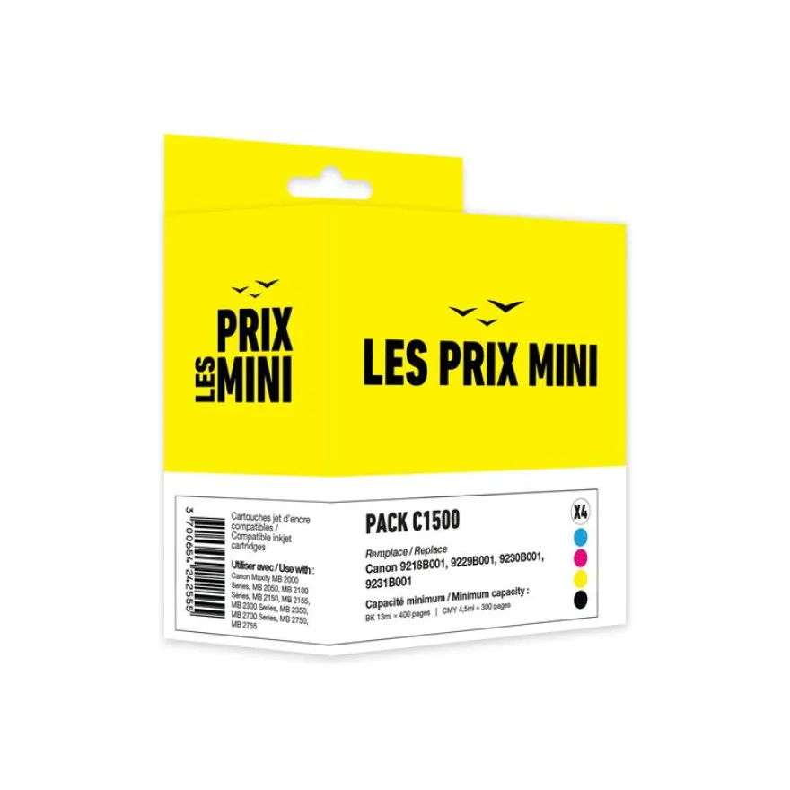 Cartouche compatible Canon PGI-1500 - Pack de 4 - noir, cyan, magenta, jaune - Les prix mini