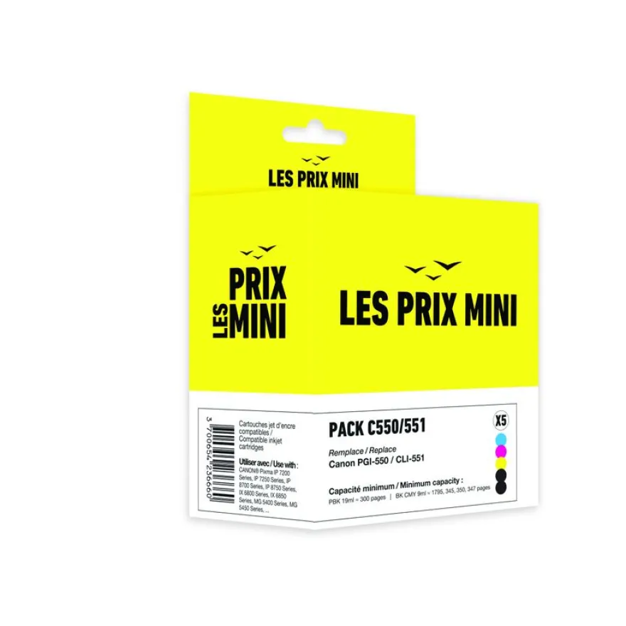 Cartouche compatible Canon CLI-551/PGI-550 - Pack de 5 - noir x2, cyan, magenta, jaune - Les prix mini