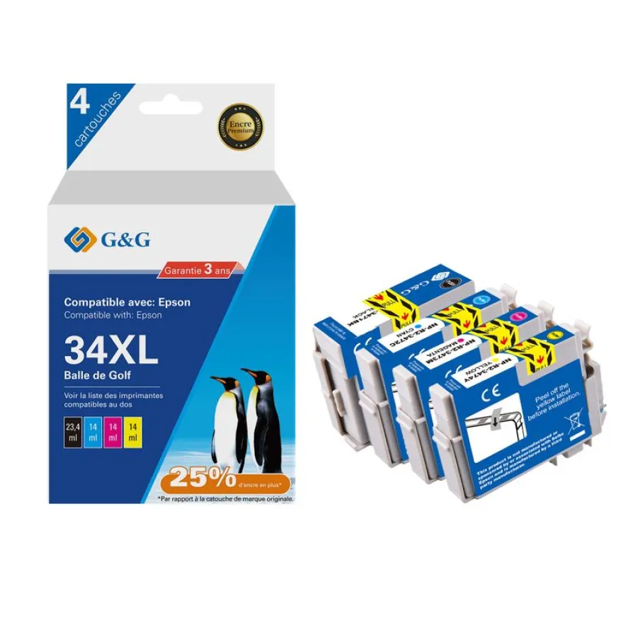 Cartouche compatible Epson 34XL Balle de golf - Pack de 4 - noir, cyan, magenta, jaune - G&G