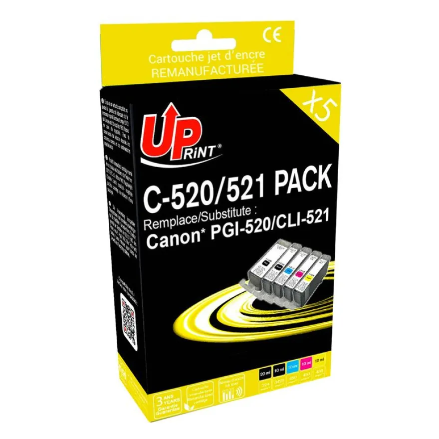 Cartouche remanufacturée Canon PGI-520/CLI-521 - pack de 5 - noir x2, cyan, magenta, jaune - Uprint