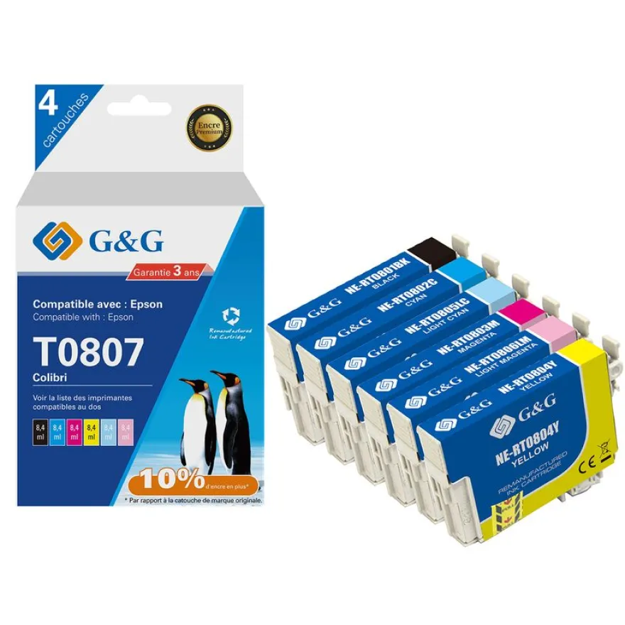 Cartouche remanufacturée Epson T0807 Colibri - Pack de 4 - noir, cyan, magenta, jaune - G&G