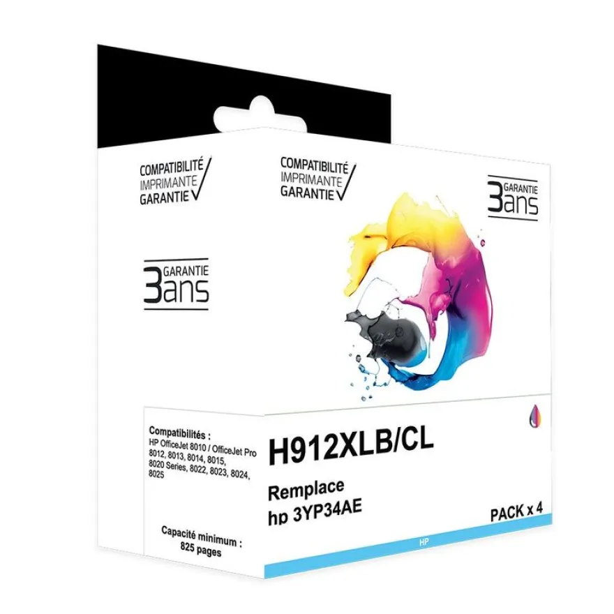 Cartouche remanufacturée HP 912XL - pack de 4 - noir, jaune, cyan, magenta