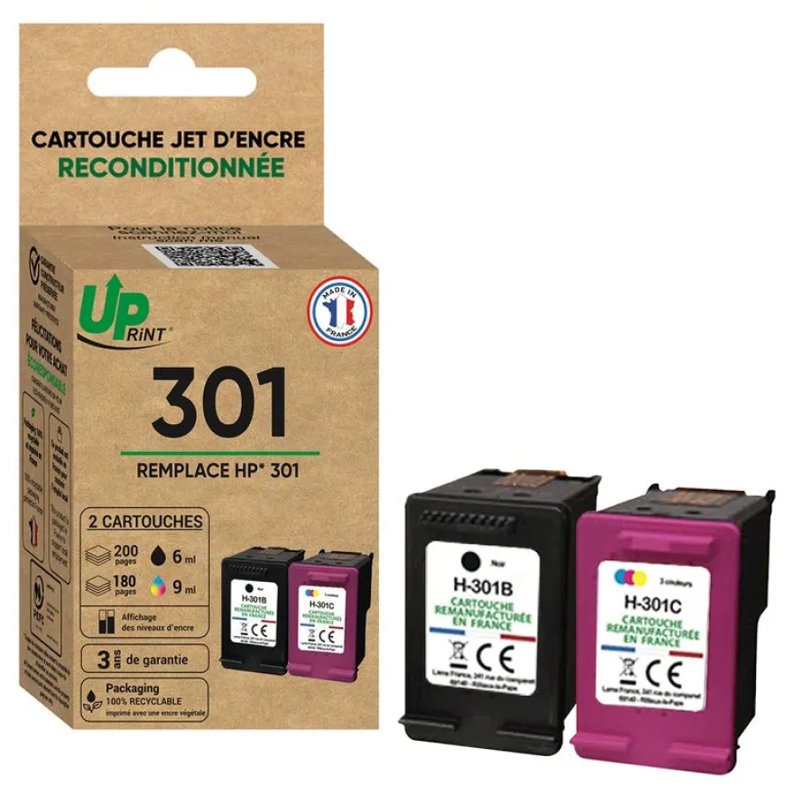 Cartouche remanufacturée HP 301 - pack de 2 - noir, cyan, magenta, jaune - Uprint