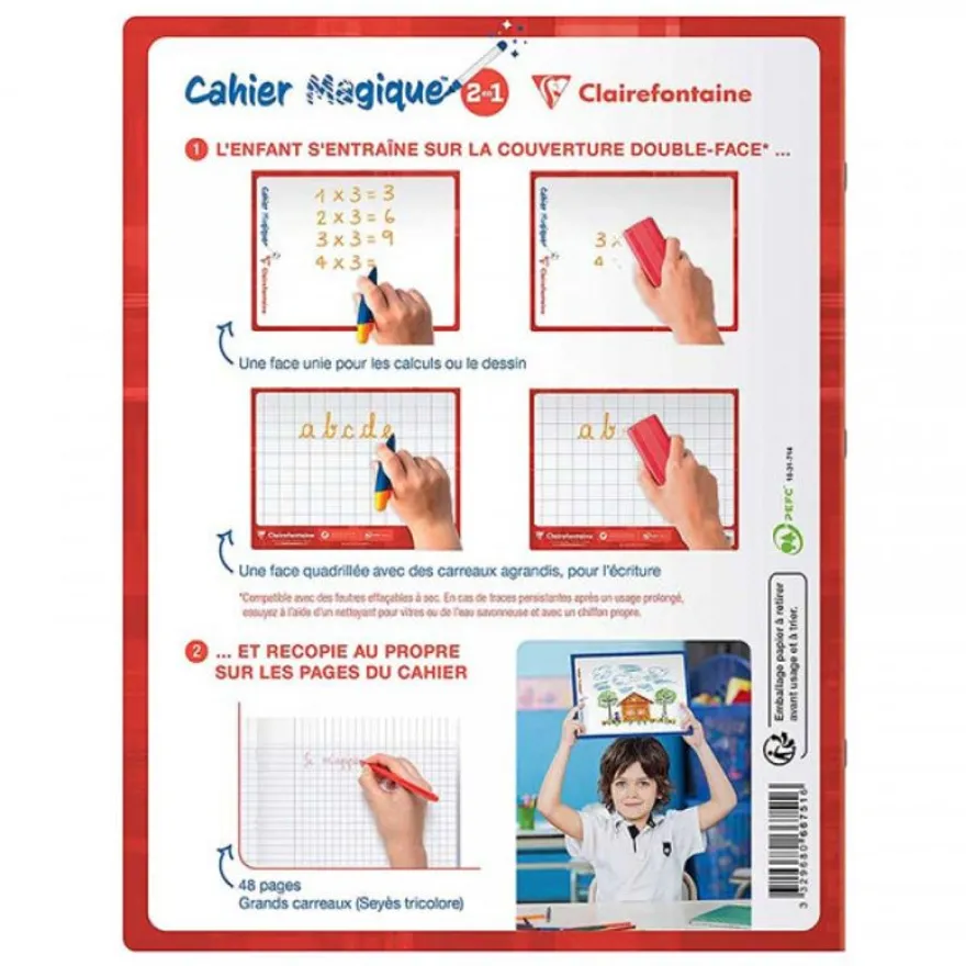 Clairefontaine - Cahier magique ardoise 17 x 22 cm - 48 pages - grands carreaux (Seyes) - couverture effaçable double-face