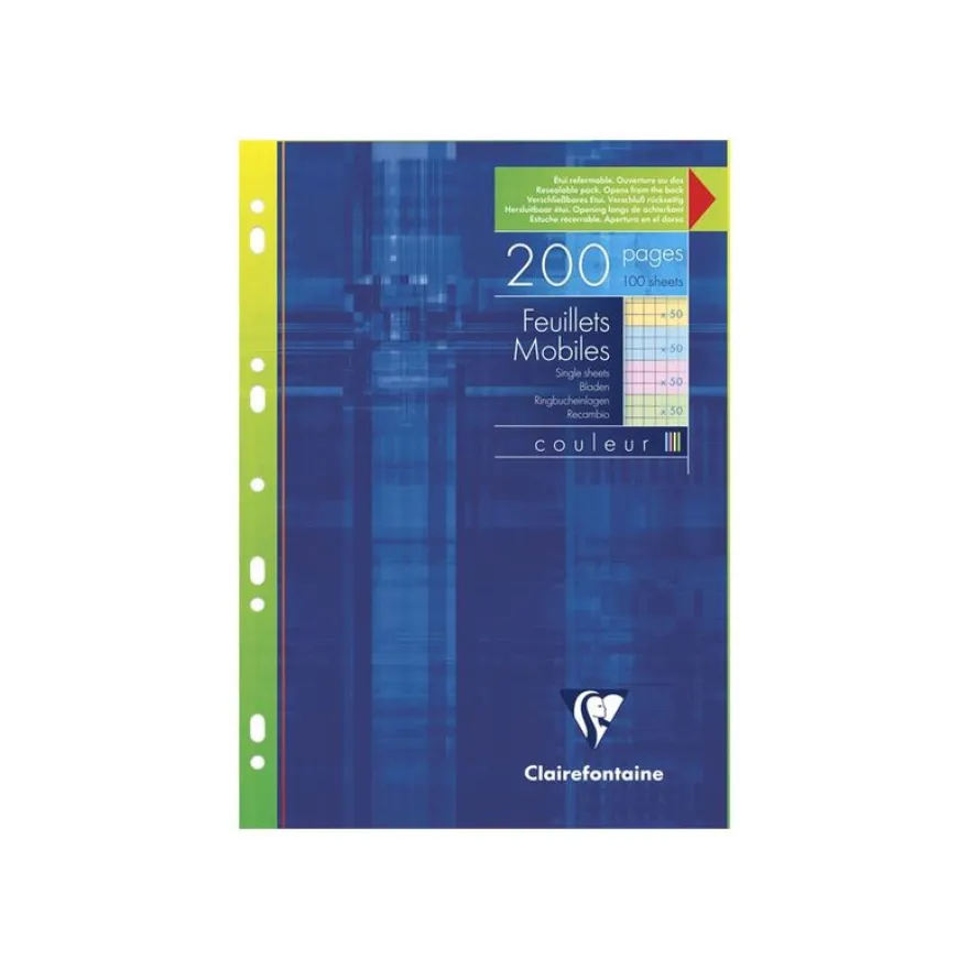 Clairefontaine - feuilles simples A4 - 200 pages - petits carreaux (5x5 mm) - perforées - coloris assorties