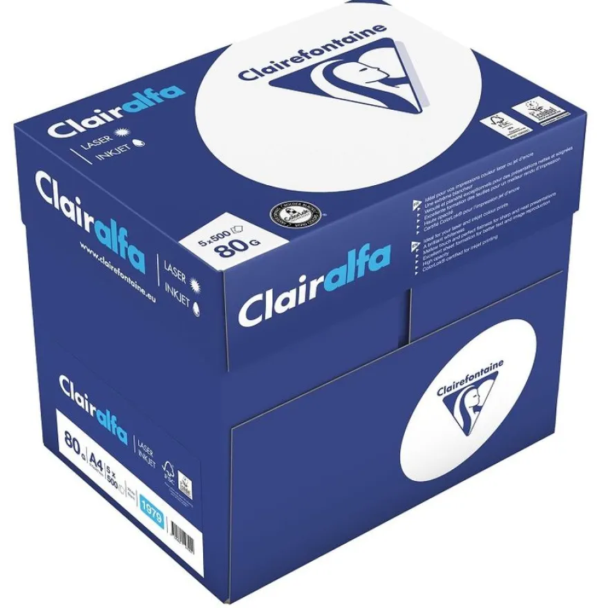 Clairefontaine CLAIRALFA - Papier ultra blanc - A4 (210 x 297 mm) - 80 g/m² - 2500 feuilles (carton de 5 ramettes)