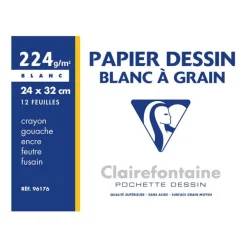 Clairefontaine Dessin à Grain - Pochette papier à dessin - 12 feuilles - 24 x 32 cm - 224 gr - blanc