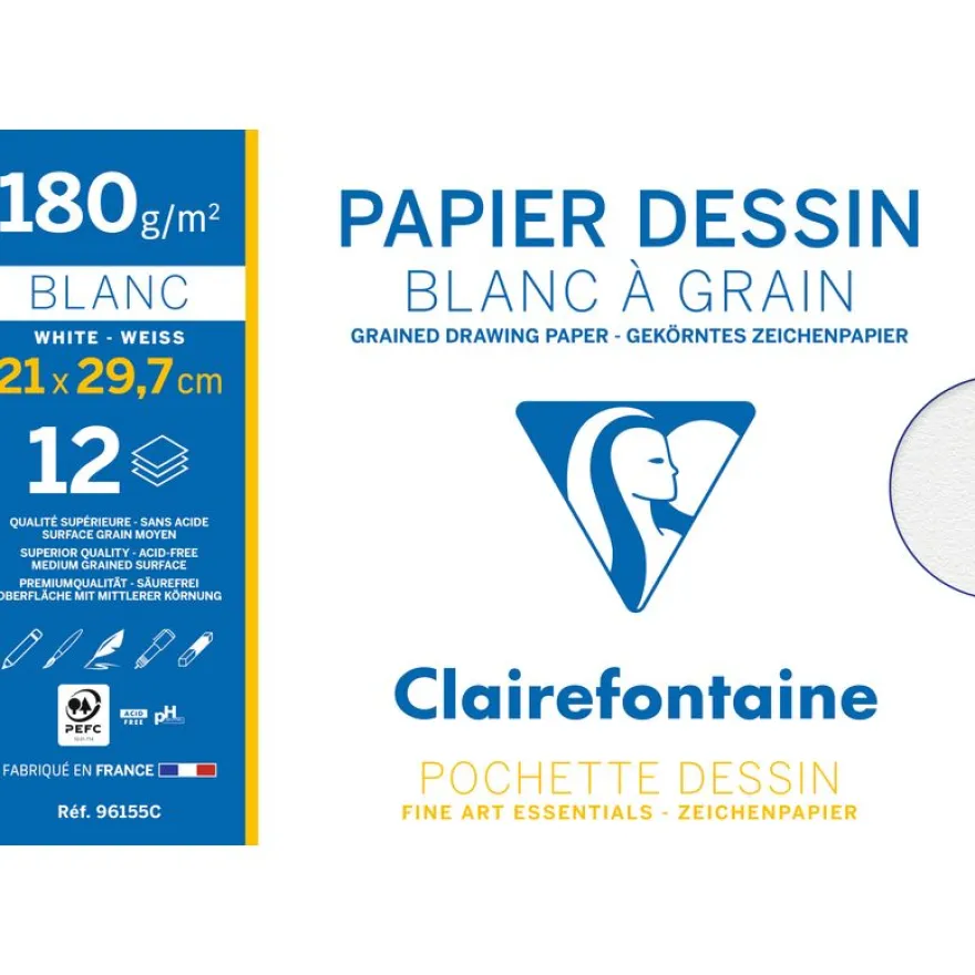 Clairefontaine Dessin à Grain - Pochette papier à dessin - 12 feuilles - A4 - 180 gr - blanc