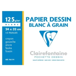 Clairefontaine Dessin à Grain - Pochette papier à dessin - 12 feuilles - 24 x 32 cm - 125 gr - blanc