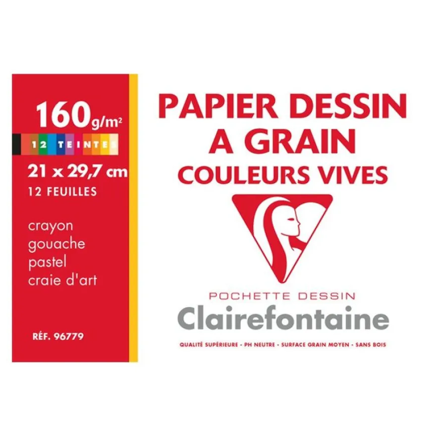 Clairefontaine Etival - Pochette papier à dessin - 12 feuilles - A4 - 160 gr - couleurs vives