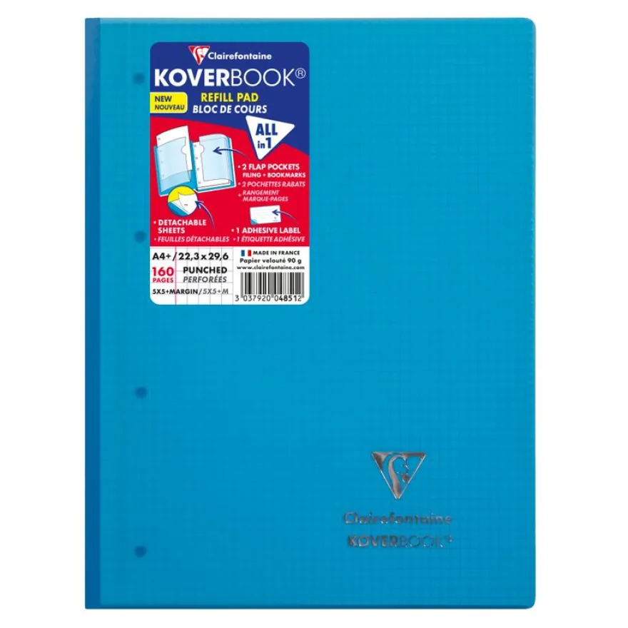 Clairefontaine Koverbook - Bloc de cours agrafé A4+ - 160 pages détachables perforées - petits carreaux (5x5 mm) - disponible dans différentes couleurs