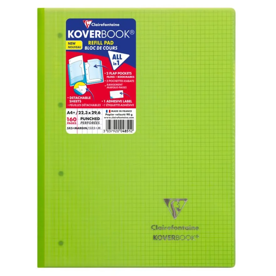 Clairefontaine Koverbook - Bloc de cours agrafé A4+ - 160 pages détachables perforées - petits carreaux (5x5 mm) - disponible dans différentes couleurs