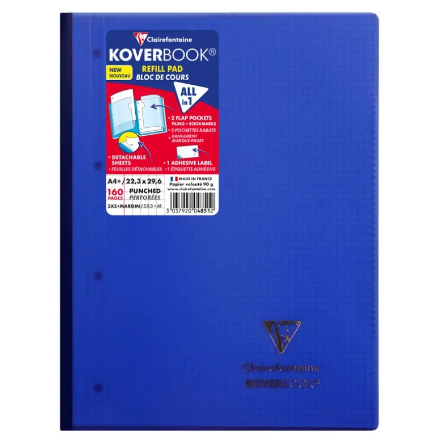 Clairefontaine Koverbook - Bloc de cours agrafé A4+ - 160 pages détachables perforées - petits carreaux (5x5 mm) - disponible dans différentes couleurs
