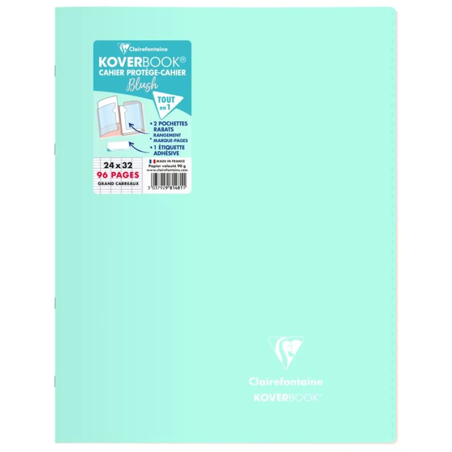 Clairefontaine Koverbook Blush - Cahier polypro 24 x 32 cm - 96 pages - grands carreaux (Seyes) - disponible dans différentes couleurs pastels