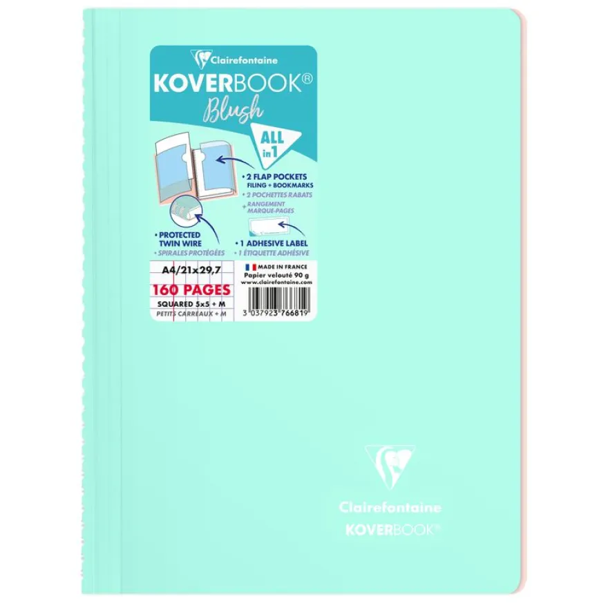 Clairefontaine Koverbook - Cahier polypro A4 (21x29,7 cm) - 160 pages - petits carreaux (5x5 mm) - disponible dans différentes couleurs pastels