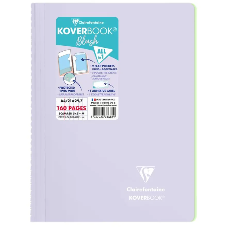 Clairefontaine Koverbook - Cahier polypro A4 (21x29,7 cm) - 160 pages - petits carreaux (5x5 mm) - disponible dans différentes couleurs pastels