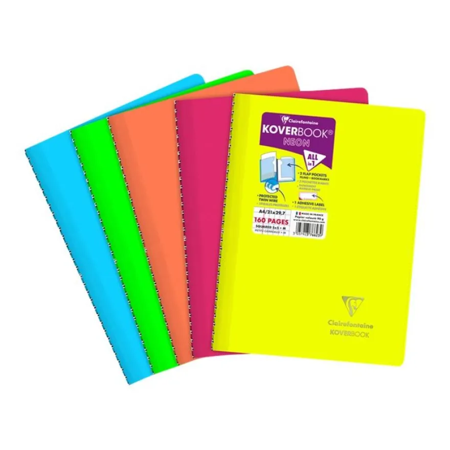 Clairefontaine Koverbook Neon - Cahier polypro A4 (21x29,7 cm) - 160 pages - petits carreaux (5x5 mm) + marge - disponible dans différentes couleurs