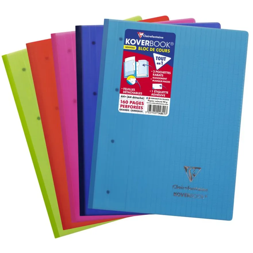 Clairefontaine Koverbook - Bloc de cours agrafé A4+ - 160 pages détachables perforées - grands carreaux (Seyes) - disponible dans différentes couleurs