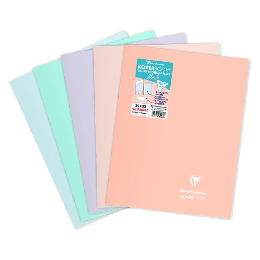 Clairefontaine Koverbook Blush - Cahier polypro 24 x 32 cm - 48 pages - grands carreaux (Seyes) - disponible dans différentes couleurs pastels