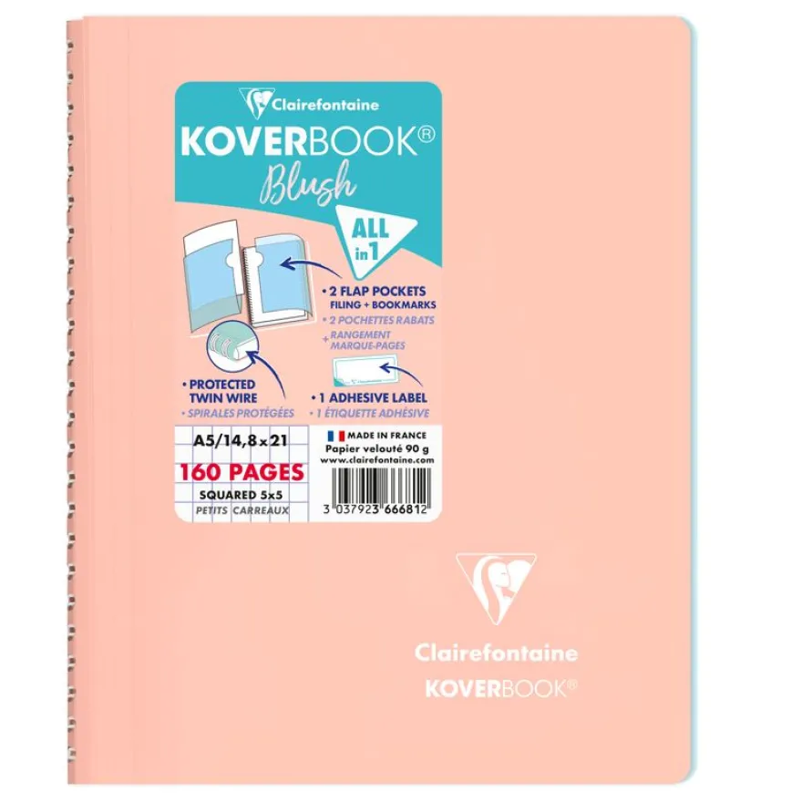 Clairefontaine Koverbook - Cahier polypro A5 - 160 pages - petits carreaux (5x5 mm) - disponible dans différentes couleurs pastels