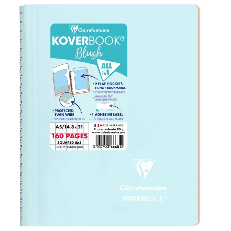 Clairefontaine Koverbook - Cahier polypro A5 - 160 pages - petits carreaux (5x5 mm) - disponible dans différentes couleurs pastels