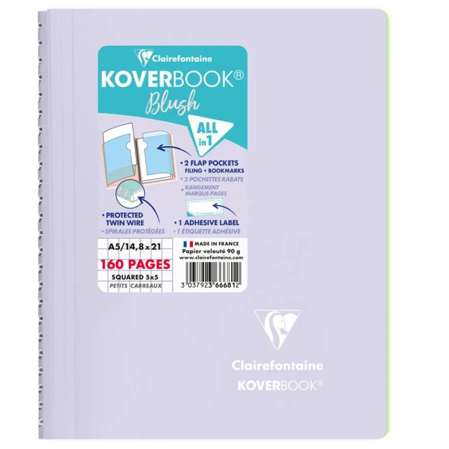 Clairefontaine Koverbook - Cahier polypro A5 - 160 pages - petits carreaux (5x5 mm) - disponible dans différentes couleurs pastels