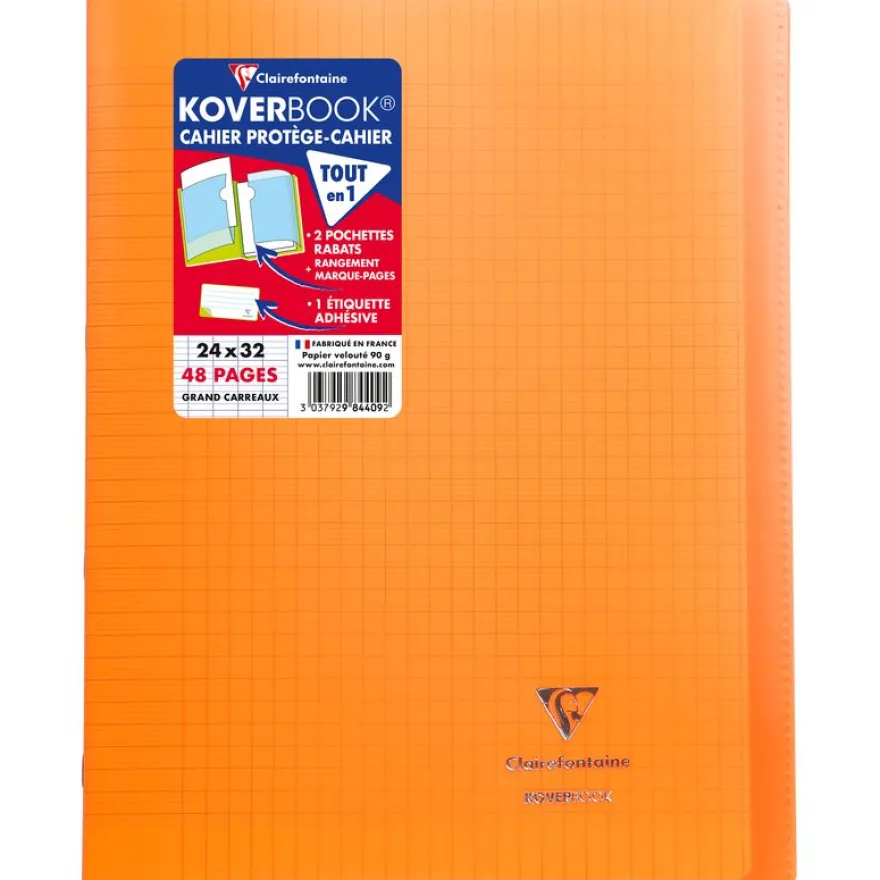 Clairefontaine Koverbook - Cahier polypro 24 x 32 cm - 48 pages - grands carreaux (Seyes) - disponible dans différentes couleurs