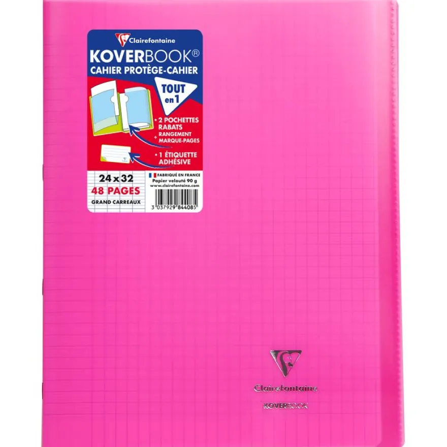 Clairefontaine Koverbook - Cahier polypro 24 x 32 cm - 48 pages - grands carreaux (Seyes) - disponible dans différentes couleurs