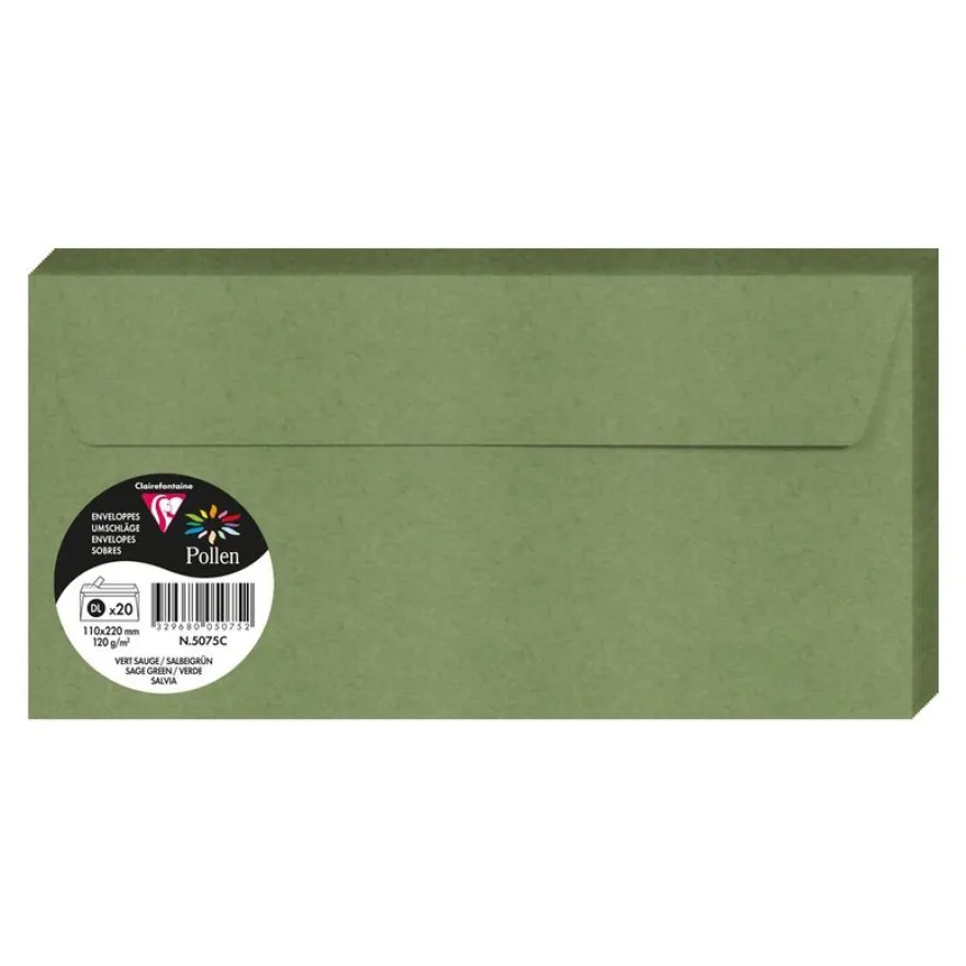 Clairefontaine Pollen - Enveloppe - DL (110 x 220 mm) - portefeuille - côté ouvert - auto-adhésif (peler et sceller) - imprimable - vert sauge - pack de 20