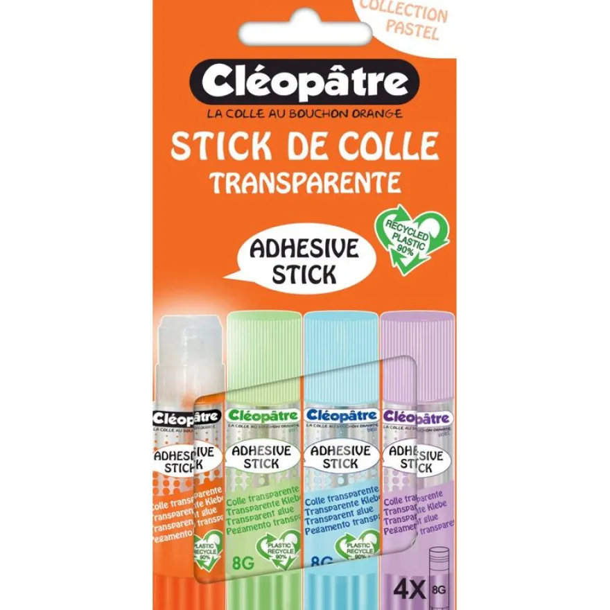 Cléopatre - Boite de 4 bâtons Pastel de colle TRANSPARENTE - Cléostick - Adhésive en 8g