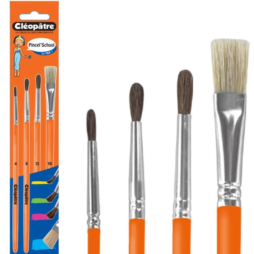 Cléopâtre - Pack de 3 pinceaux poil de poney N° 4, 8, 12 + 1 brosse n°10 en soie de porc