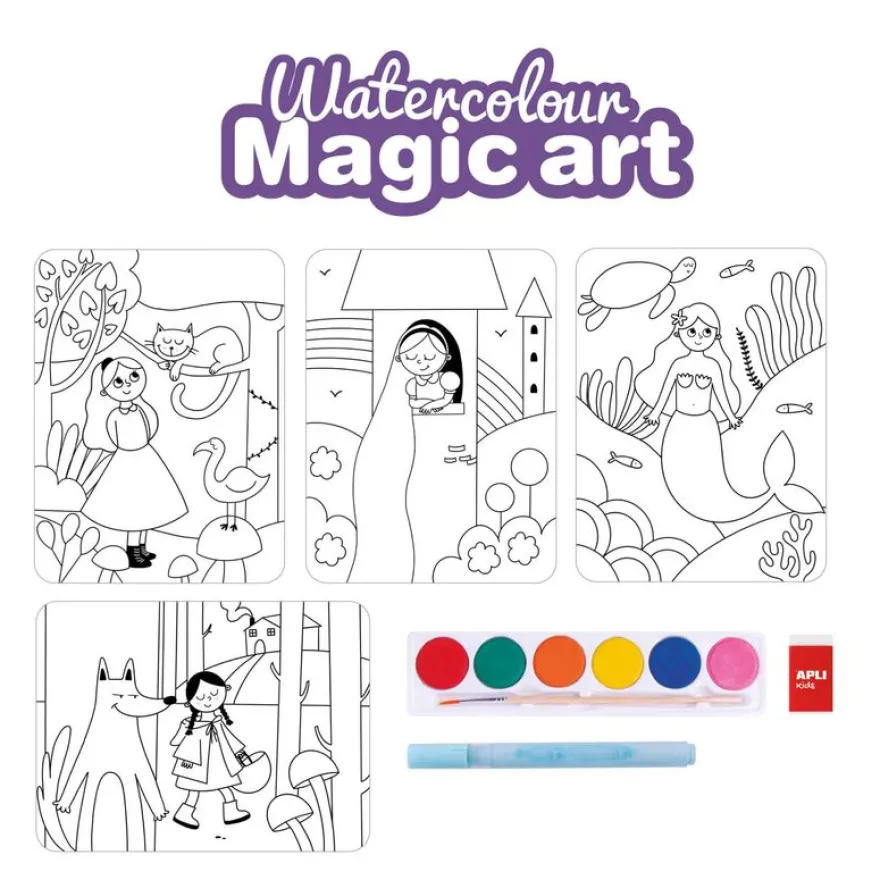 Coffret APLI Kids Watercolour Magic Art - aquarelle et feutre magique avec 14 planches - pinceau et gomme - dès 5 ans