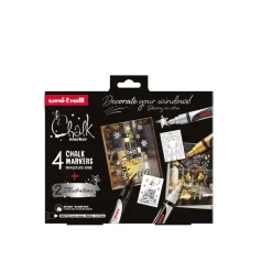 Coffret de Noël CHALK MARKERS – Thème scandinave - 4 marqueurs craie pointe medium avec 2 illustrations à reproduire offertes – couleurs scandinaves - blanc, or, argent, noir