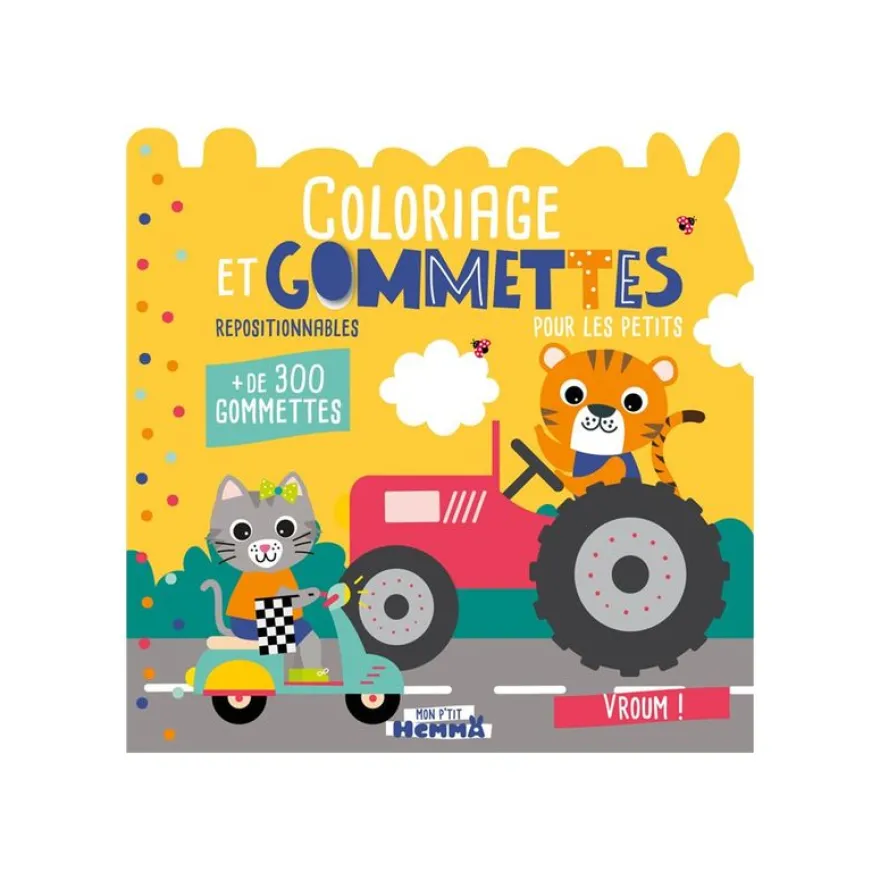 Coloriage et gommettes pour les petits - Vroum ! - + de 300 gommettes repositionnables - Mon P’tit Hemma - Livre d’activités