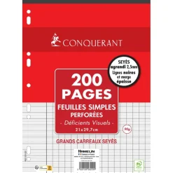 Conquérant - Feuilles Simples pour déficients visuels - 200 pages - A4 - Grands Carreaux (Seyès 2,5mm)