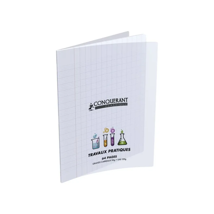 Conquérant Classique - Cahier polypro de travaux pratiques (TP) - 17 x 22 cm - 64 pages - grands carreaux (Seyes)/uni - transparent