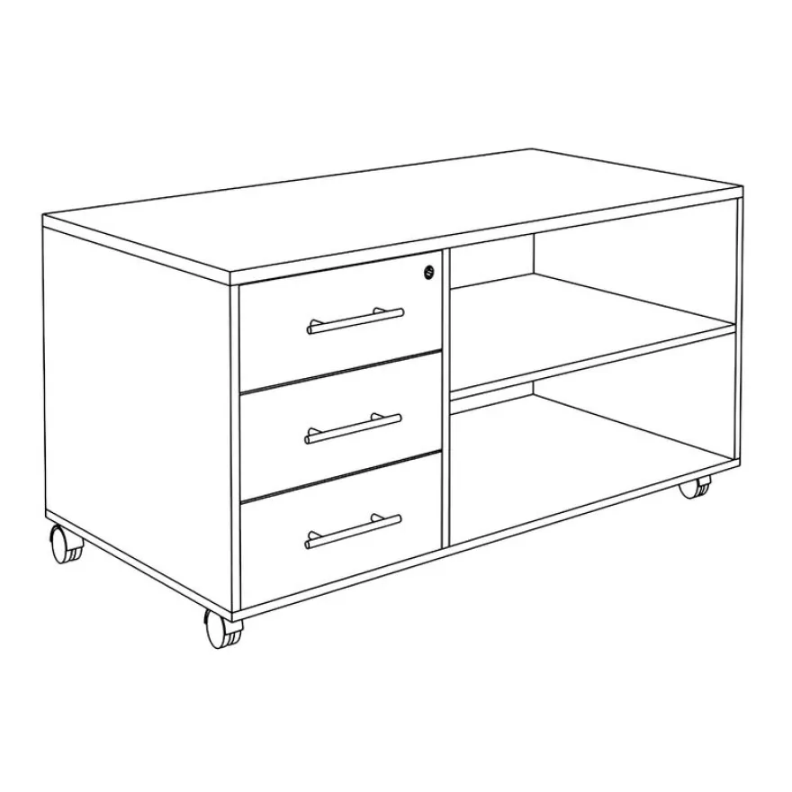 Console mobile LEVEL/STEELY/WOODY - L120 x H63 x P60 cm - 3 tiroirs - coté blanc - finition tiroirs et dessus imitation Chêne clair