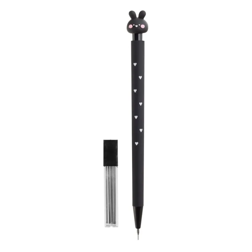 Crayon mécanique Back2Fun 0,5 mm 2B - motif lapin noir décoré de cœurs - recharge de 12 mines.