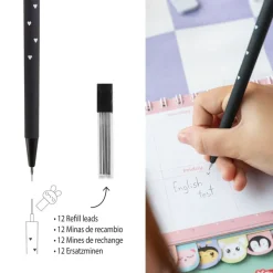 Crayon mécanique Back2Fun 0,5 mm 2B - motif lapin noir décoré de cœurs - recharge de 12 mines.