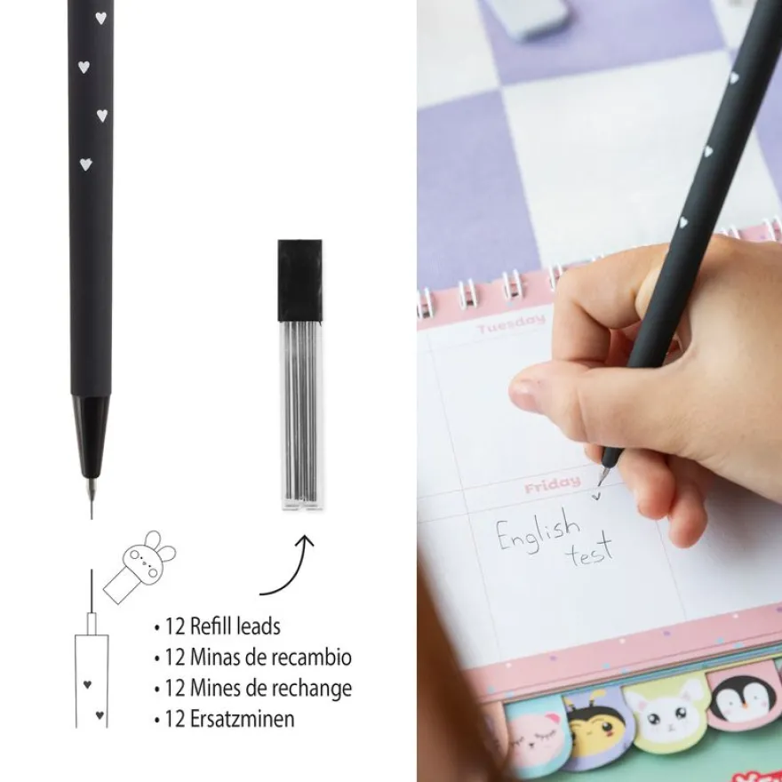 Crayon mécanique Back2Fun 0,5 mm 2B - motif lapin noir décoré de cœurs - recharge de 12 mines.