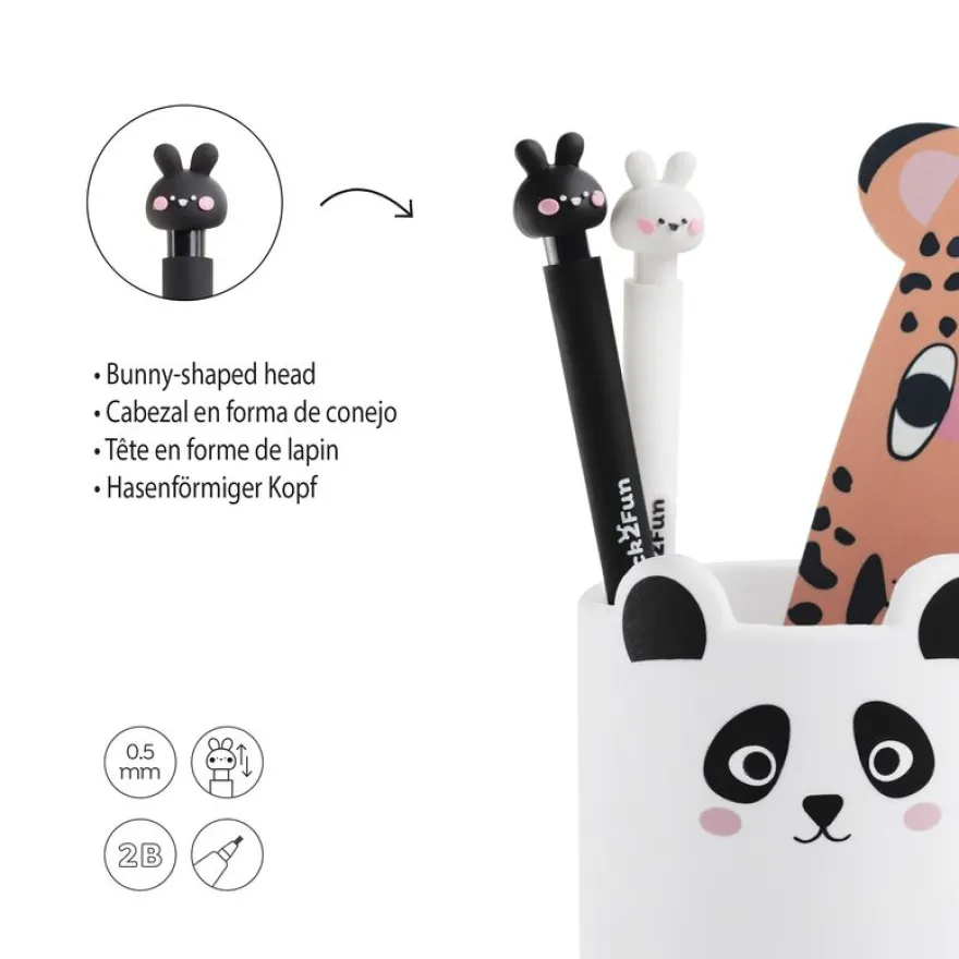 Crayon mécanique Back2Fun 0,5 mm 2B - motif lapin noir décoré de cœurs - recharge de 12 mines.