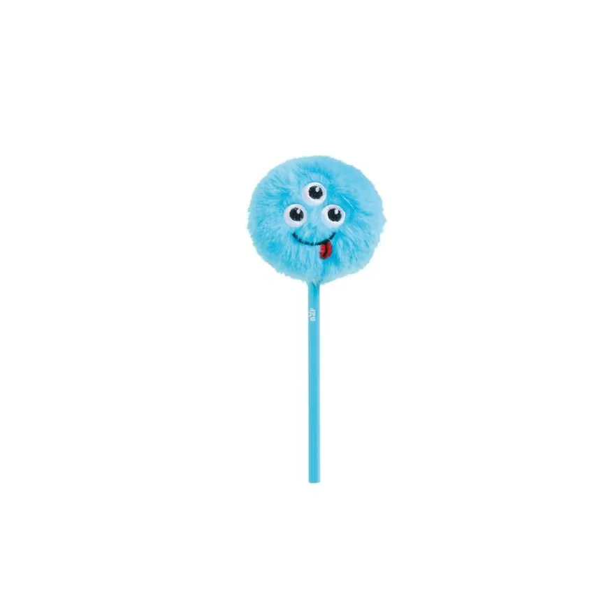 Crayon monstre bleu avec pompon moelleux et visage brodé trois yeux - design amusant Back2Fun