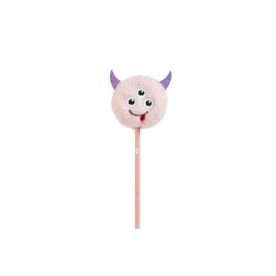Crayon pompon monstre rose avec visage brodé trois yeux et cornes en feutre - look amusant Back2Fun