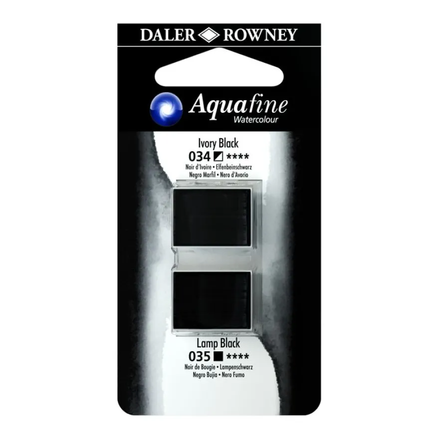 Daler-Rowney Aquafine - Ensemble de peinture - 2 parties - aquarelle - 2 couleurs - noir ivoire, noir lampe - demi-plateau