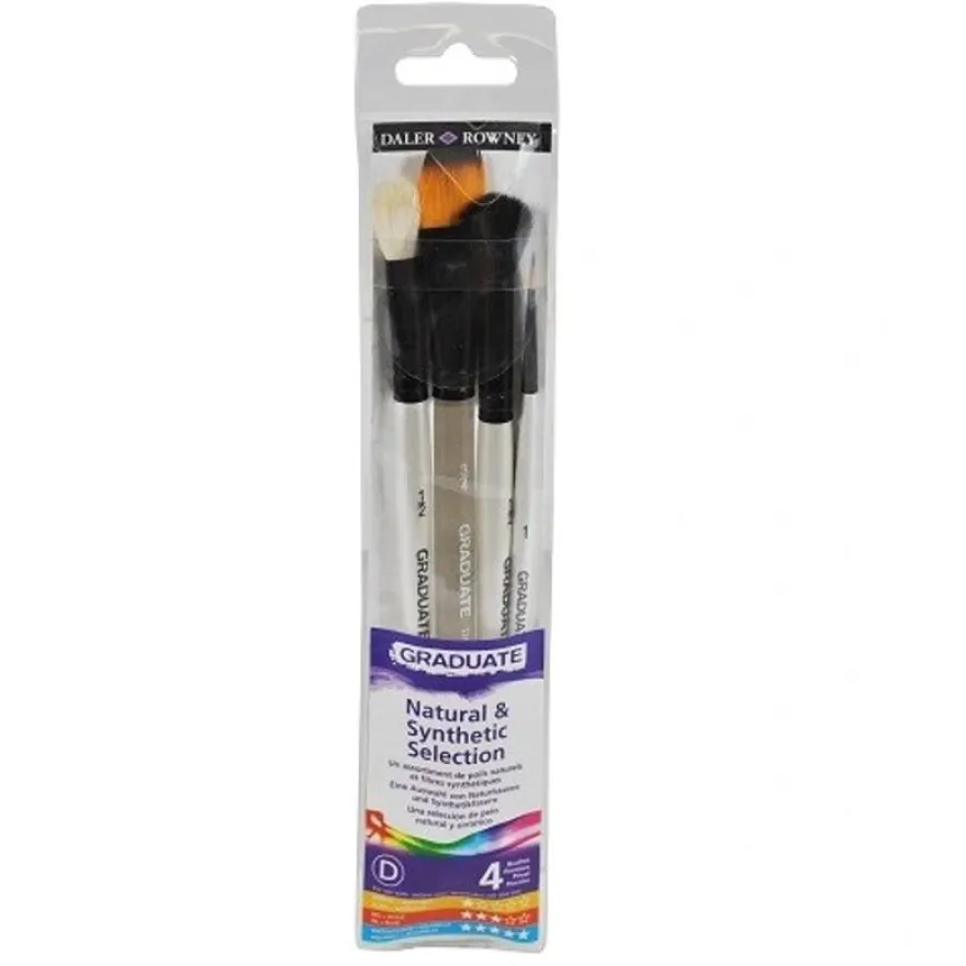Daler-Rowney Graduate - Pack de 4 pinceaux naturels et synthétiques - rond, rondelle plate, oval wash, serpillière ronde - taille : 1, 1/2, 3/4