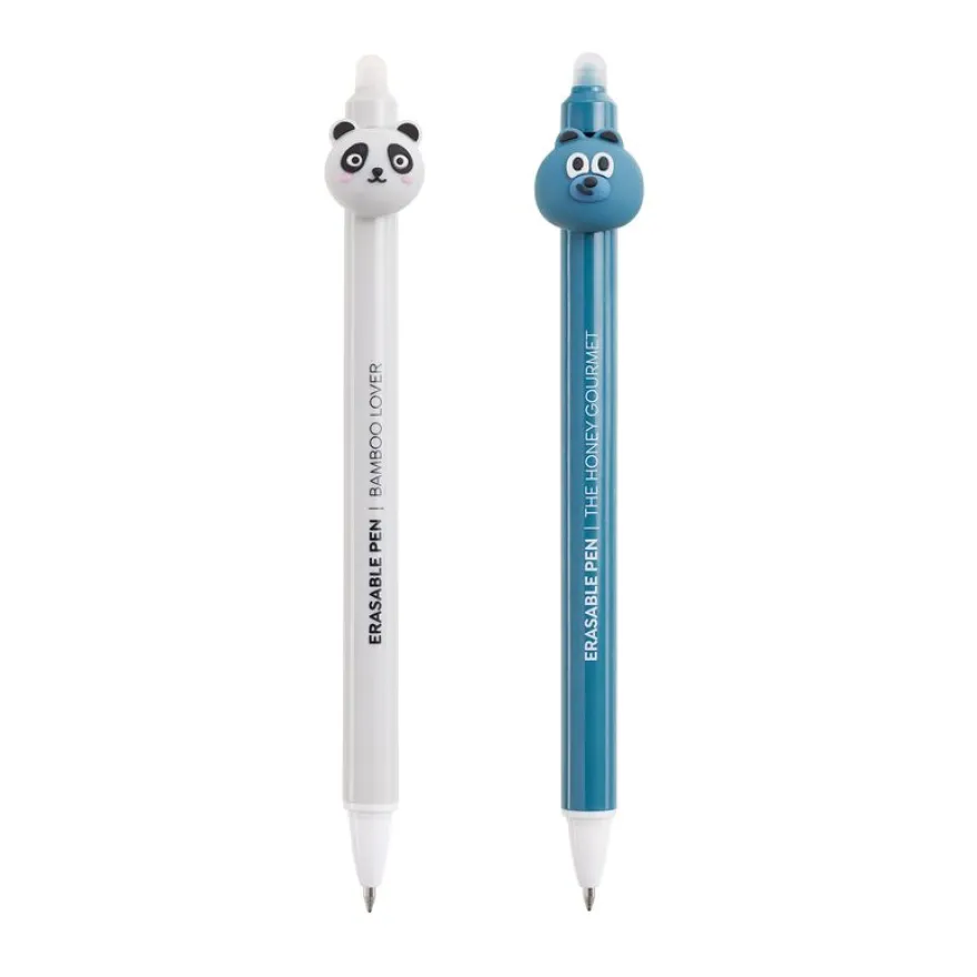 Duo de stylos effaçables panda et ours Back2Fun - encre bleue et pointe 0,5 mm - design mignon