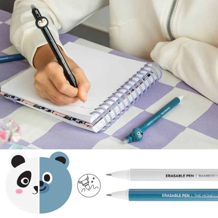 Duo de stylos effaçables panda et ours Back2Fun - encre bleue et pointe 0,5 mm - design mignon