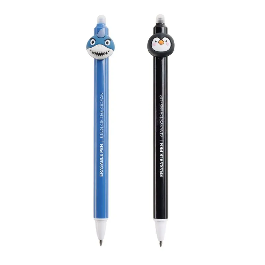 Duo de stylos effaçables requin et pingouin Back2Fun - encre bleue et pointe fine 0,5 mm