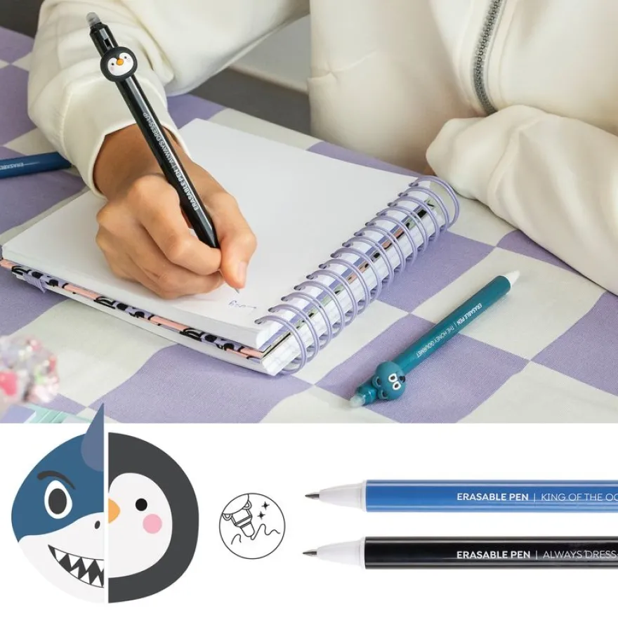 Duo de stylos effaçables requin et pingouin Back2Fun - encre bleue et pointe fine 0,5 mm