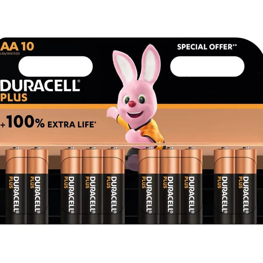 DURACELL piles 100% plus - 10 piles alcalines - AA LR06